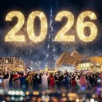 صور احتفالات رأس السنة 2026 ألعاب نارية في السماء مع الأهرامات وبرج خليفة بجودة 4K